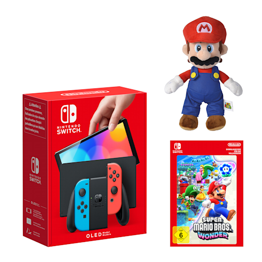 Nintendo Switch – OLED-Modell (Neon-Blau/Neon-Rot) Super Mario Bros. Wonder + Mario-Plüschfigur Pack