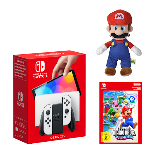 Nintendo Switch – OLED-Modell (Weiß) Super Mario Bros. Wonder + Mario-Plüschfigur Pack