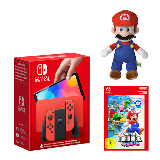 Nintendo Switch – OLED-Modell Mario-Edition (rot) + Super Mario Bros. Wonder + Mario-Plüschfigur Pack