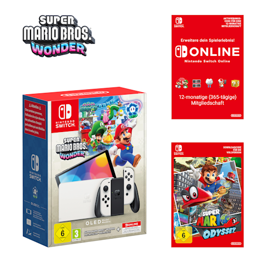 Nintendo Switch – OLED-Modell (weiß) + Super Mario Bros. Wonder + Nintendo Switch Online – 12-monatige (365-tägige) Einz...