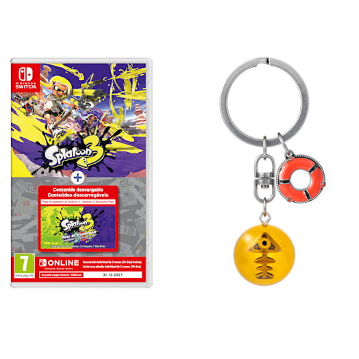 Splatoon 3 + Pase de expansión de Splatoon 3 + suscripción individual de 3 meses (90 días) a Nintendo Switch Online + Llavero de alevín dorado de Splatoon 3 Salmon Run