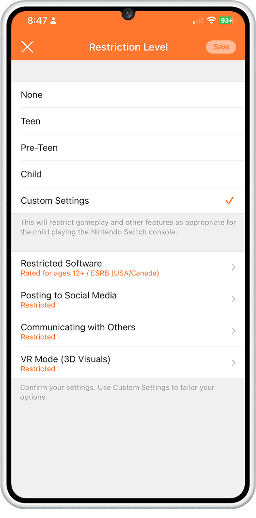 Parental Controls - Customise online features Screenshot