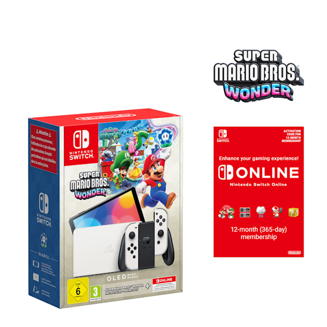 Nintendo Switch – OLED Model (White) + Super Mario Bros. Wonder + Nintendo Switch Online Individual 12-Month (365-Day) Membership