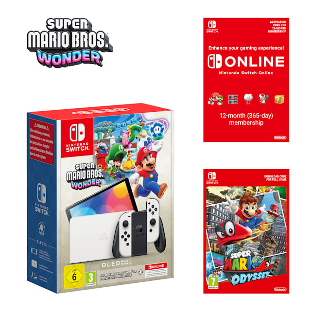 Nintendo Switch – OLED Model (White) + Super Mario Bros. Wonder + Nintendo Switch Online Individual 12-Month (365-Day) Membership + Super Mario Odyssey Pack