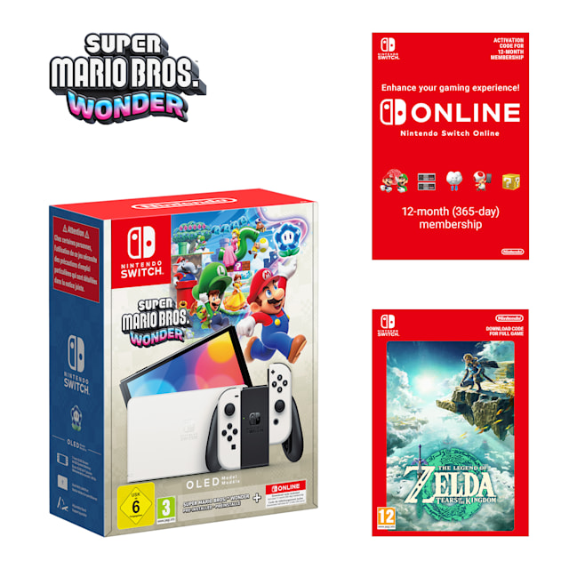 Nintendo Switch – OLED Model (White) + Super Mario Bros. Wonder + Nintendo Switch Online Individual 12-Month (365-Day) Membership + The Legend of Zelda: Tears of the Kingdom Pack