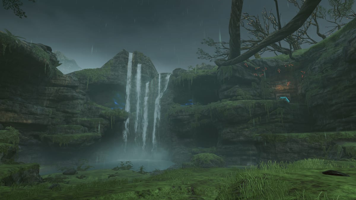 The grassy surface of Tallon IV with a waterfall in the distance