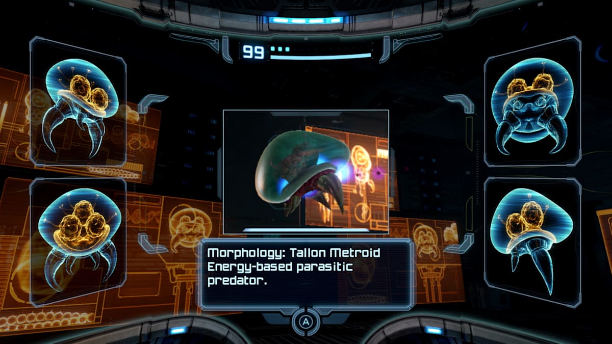 Gameplay of player viewing information about a Tallon Metroid. Text on screen reads 'Morphology: Tallon Metroid - Energy-based parasitic preditor.'