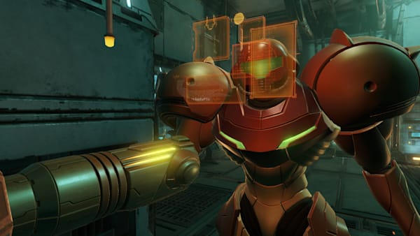 An third person image of Samus with a tranparent overlays showing in front of her helmat
