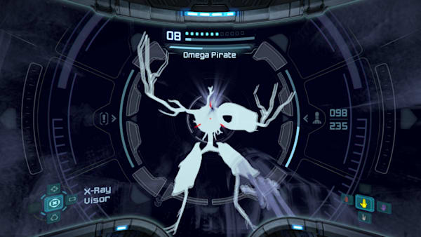 Gameplay of player looking at Omega Pirate with X-Ray Visor