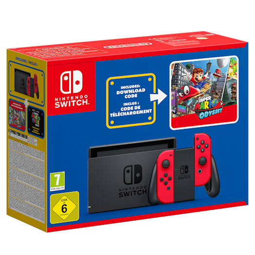 Nintendo Switch (rot) + Super Mario Odyssey + Der Super Mario Bros. FilmAufkleber My Nintendo