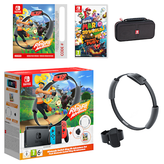 Nintendo Switch (Neon Blue/Neon Red) Ring Fit Adventure Set + Super Mario 3D World + Bowser's Fury Pack