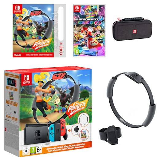 Nintendo Switch (Neon Blue/Neon Red) Ring Fit Adventure Set + Mario Kart 8 Deluxe Pack