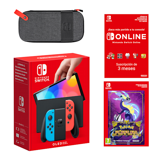 Pack Nintendo Switch – Modelo OLED (azul neón/rojo neón) Pokémon Púrpura + Nintendo Switch Online 3 meses individual