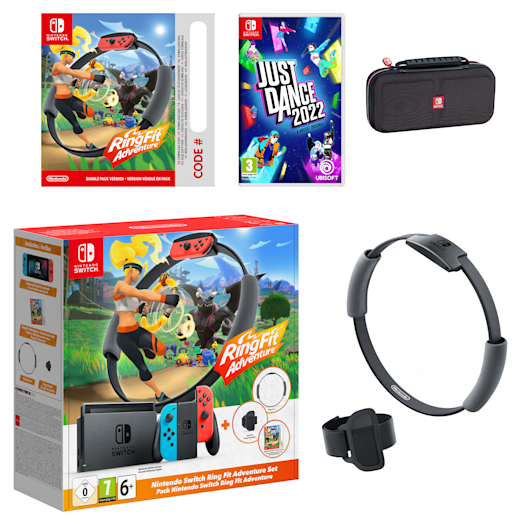 Nintendo Switch (Neon Blue/Neon Red) Ring Fit Adventure Set + Just Dance 2022 Pack