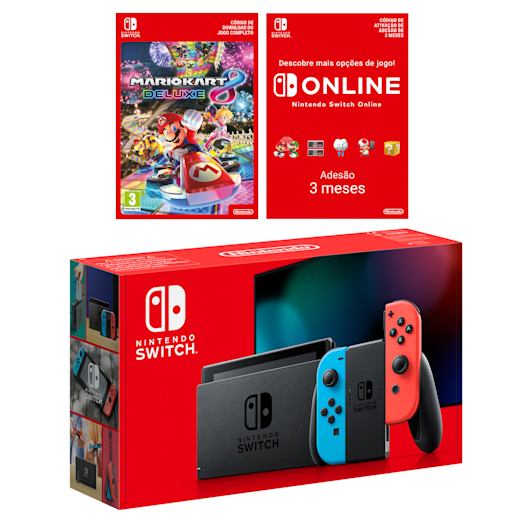 Nintendo Switch (azul néon/vermelha néon) + Mario Kart 8 Deluxe + Adesão do Nintendo Switch Online (3 Meses Individual)