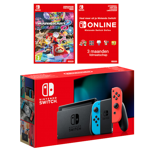 Nintendo Switch (neonblauwe/neonrode) + Mario Kart 8 Deluxe + Nintendo Switch Online-lidmaatschap (Individueel 3 Maanden)