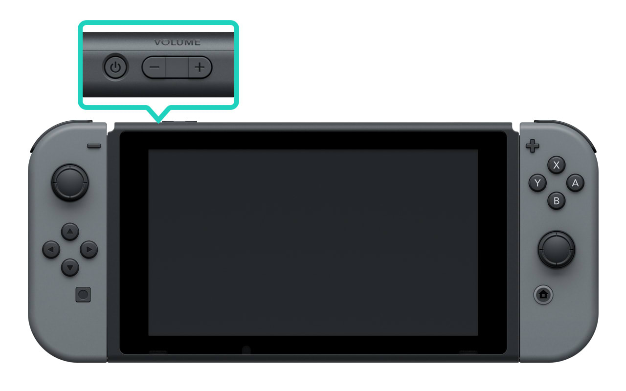 The POWER and Volume Buttons highlighted on the Nintendo Switch