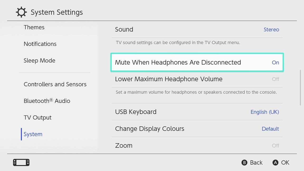 Mute when Headphones are Disconnected highlighted in the System menu of the System Settings
