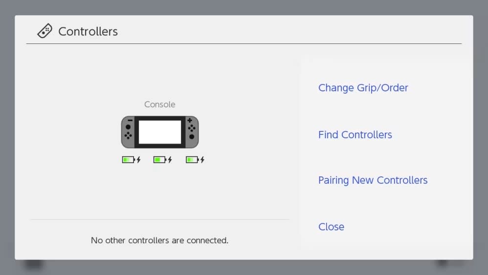 The approximate battery charge displayed on the Nintendo Switch Controllers screen 