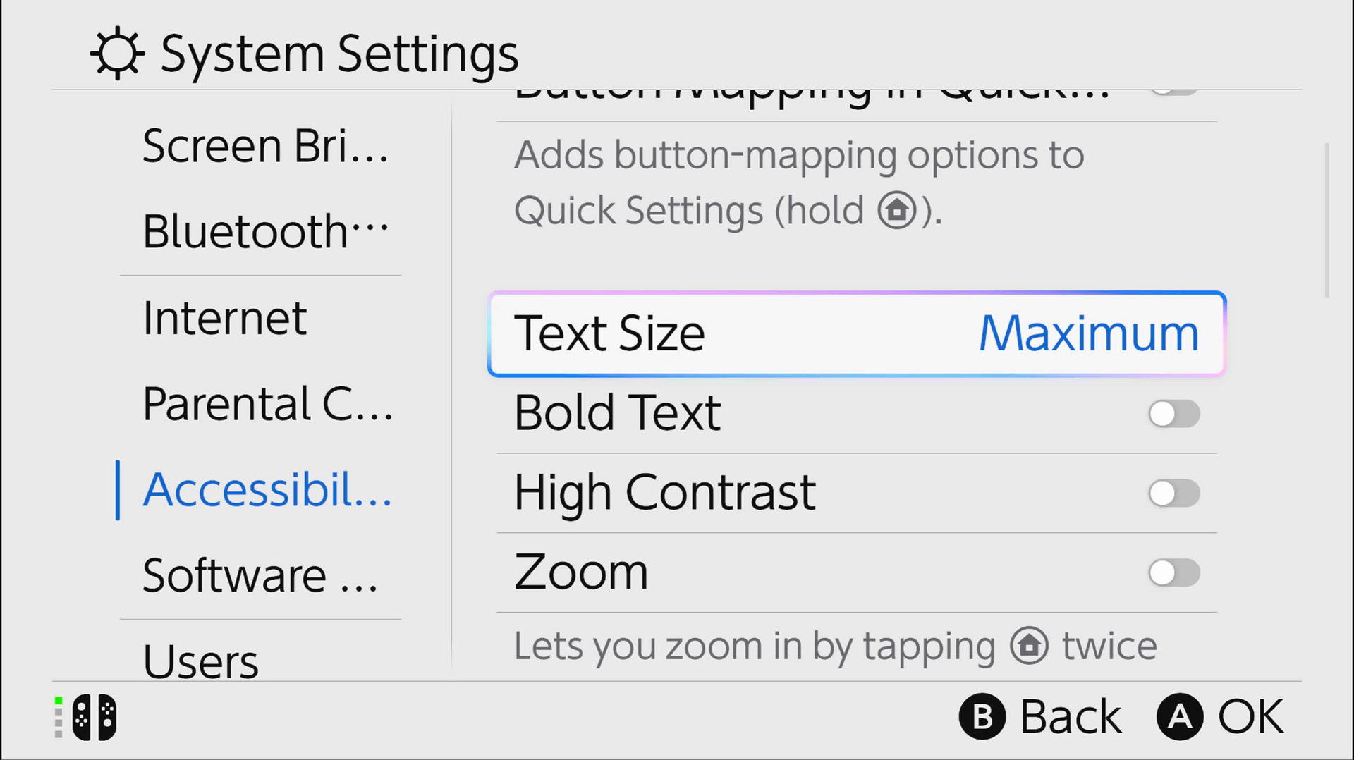 Screenshot of video demonstating changing text size and to 'Large' and 'Maximum' and enabling 'Bold Text' in settings menu in accessibility submenu