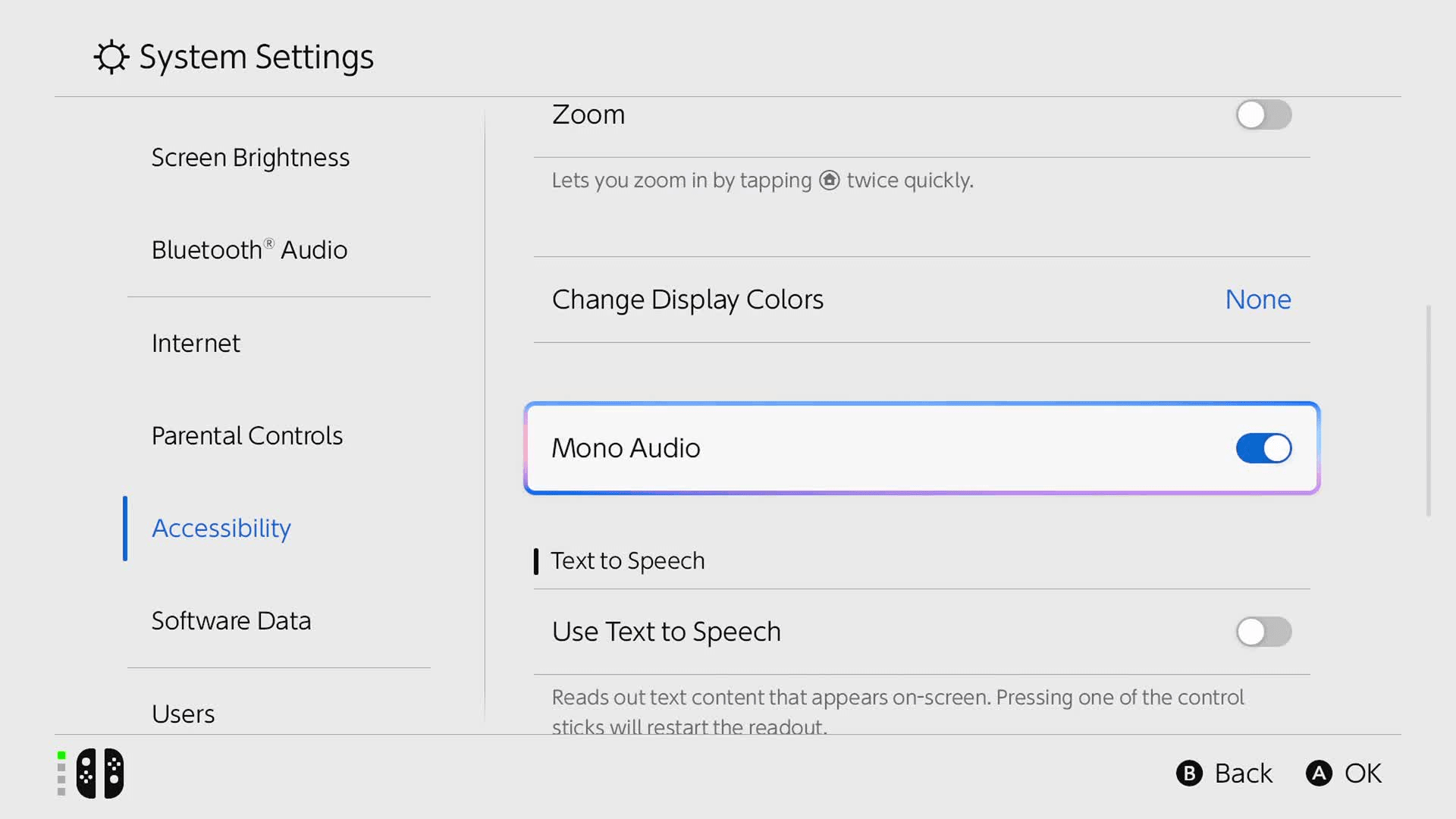 Screenshot of video demonstating switching to mono audio in settings menu in accessibility submenu