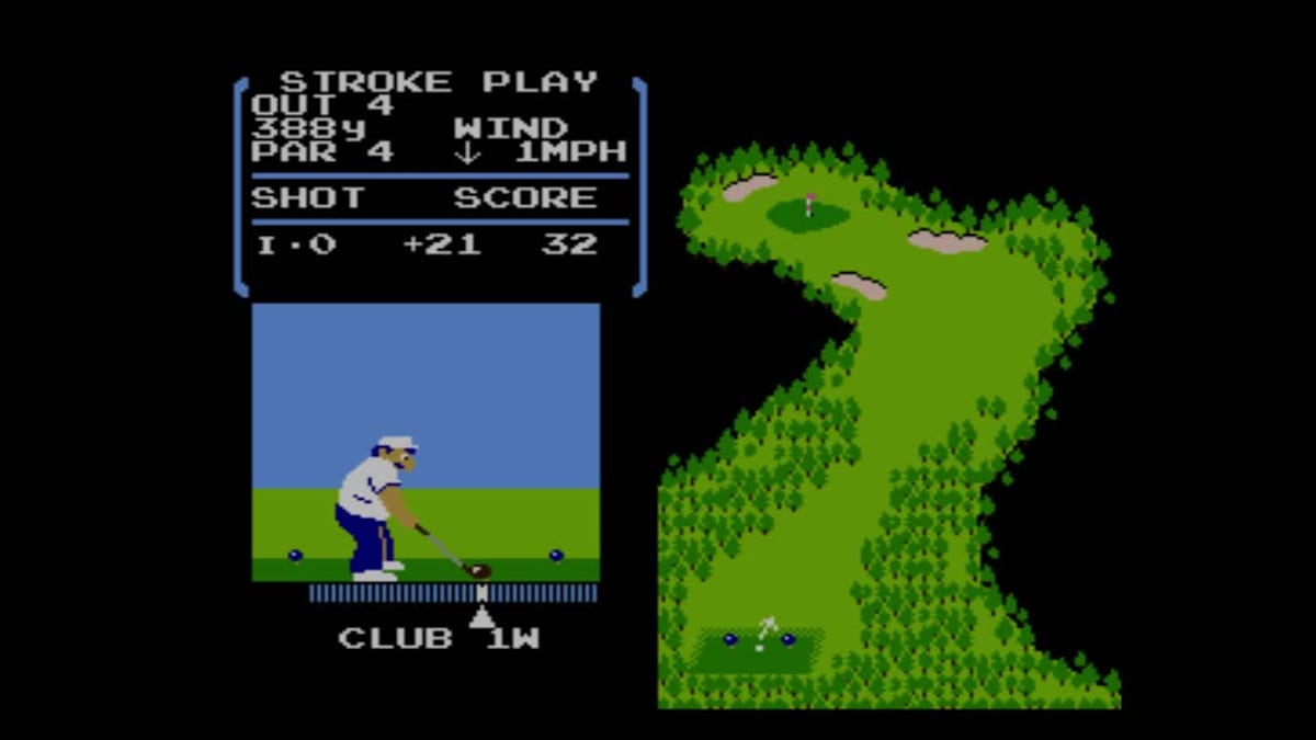 A golfer lines up a shot in Golf on the NES, with the hole’s map and the stroke-play scorecard beside him